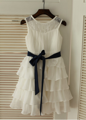Ivory Lace Chiffon Cupcake Flower Girl Dress With Navy Blue Sash